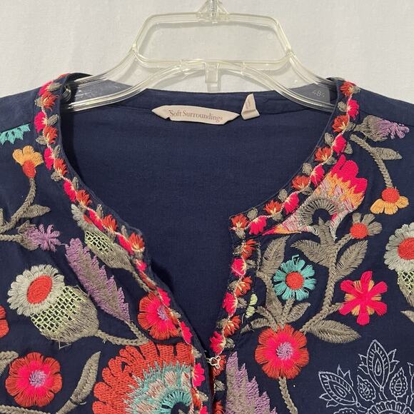 Soft Surroundings Paraiso Tunic Women's M Blue Embroidered Floral Cotton - Picture 2 of 15